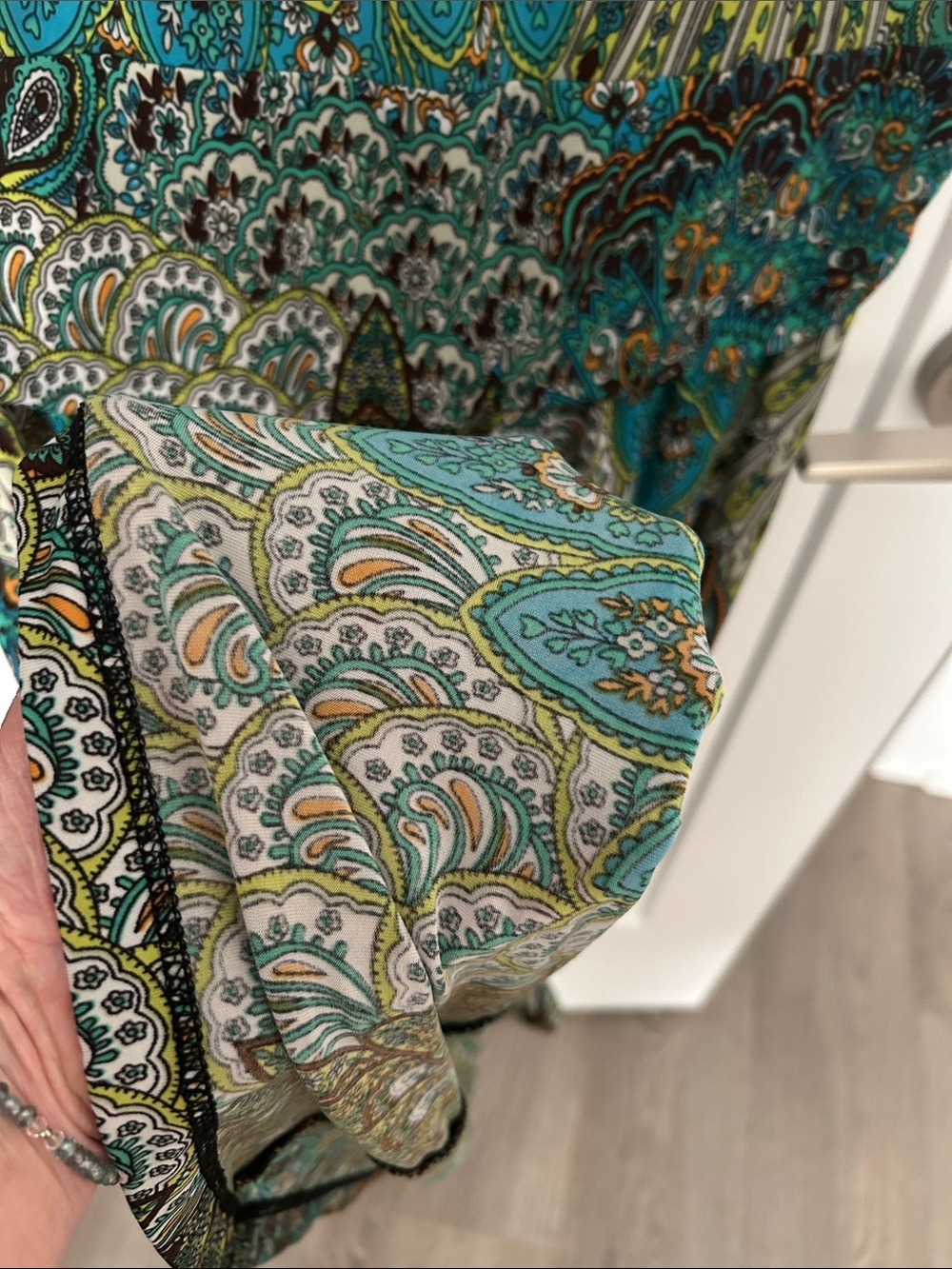 Tropical Teal and Brown Paisley Twist-Front Midi Dress weekend evening or beach - Picture 10 of 12